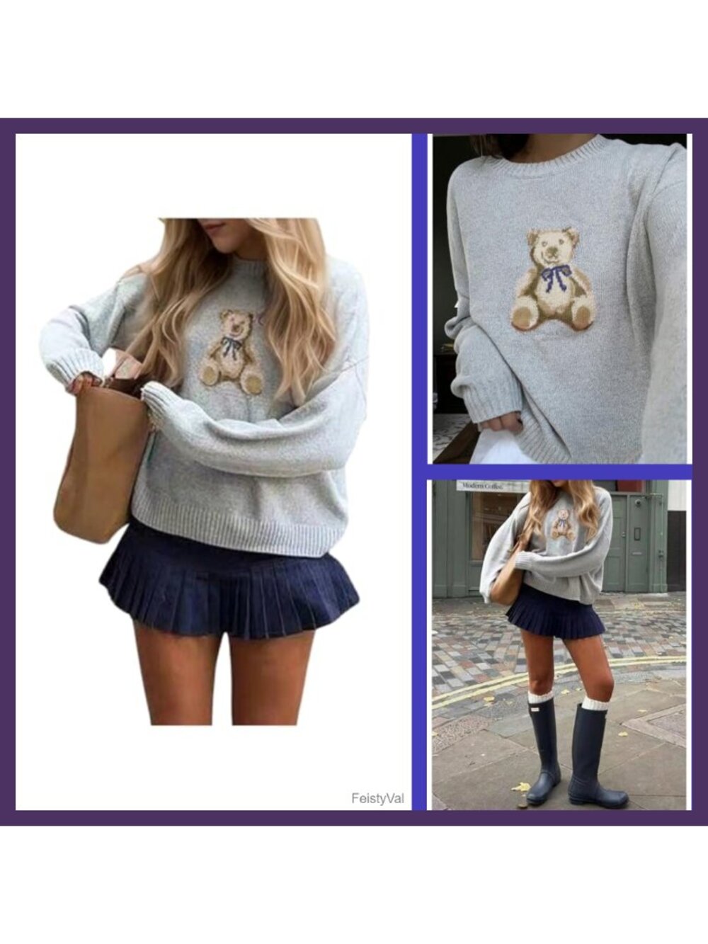 Women's Bear Print Knit Pullover Sweater Long Sleeve Crew Neck